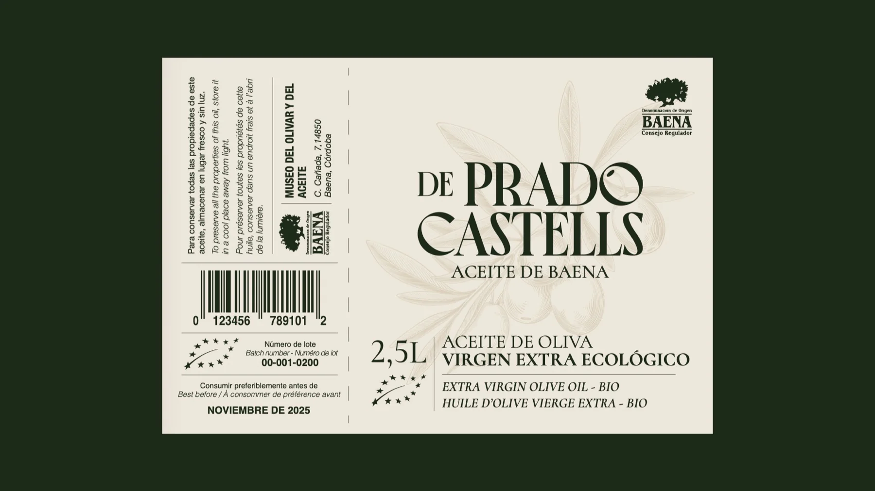 Prado Castells — mockup de botella de aceite con etiqueta diseñada