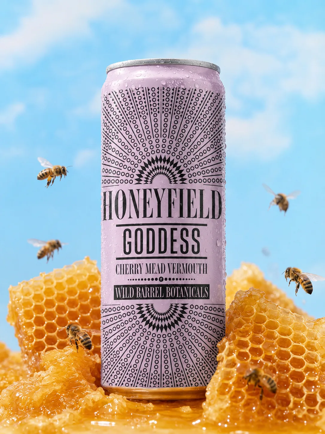 Honeyfield — diseño frontal de la lata de hidromiel con tipografía y composición final