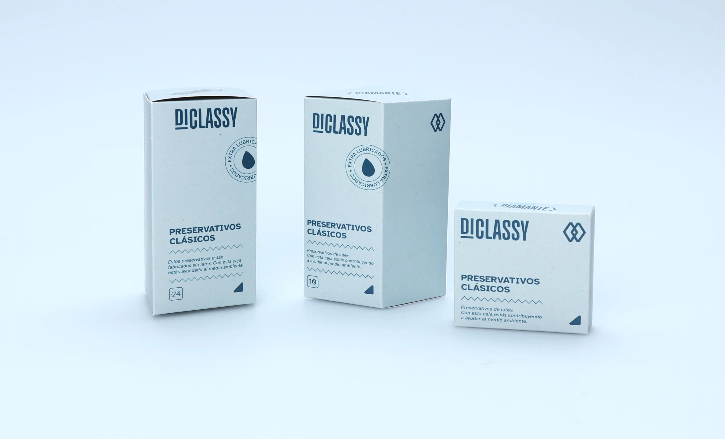 DICLASSY — preservativos clásicos extra lubricados en azul gris, tres formatos