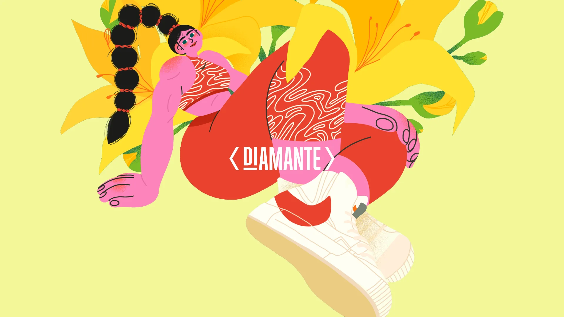 Diamante — ilustración de identidad de género, figura humana con flores y logotipo de la marca