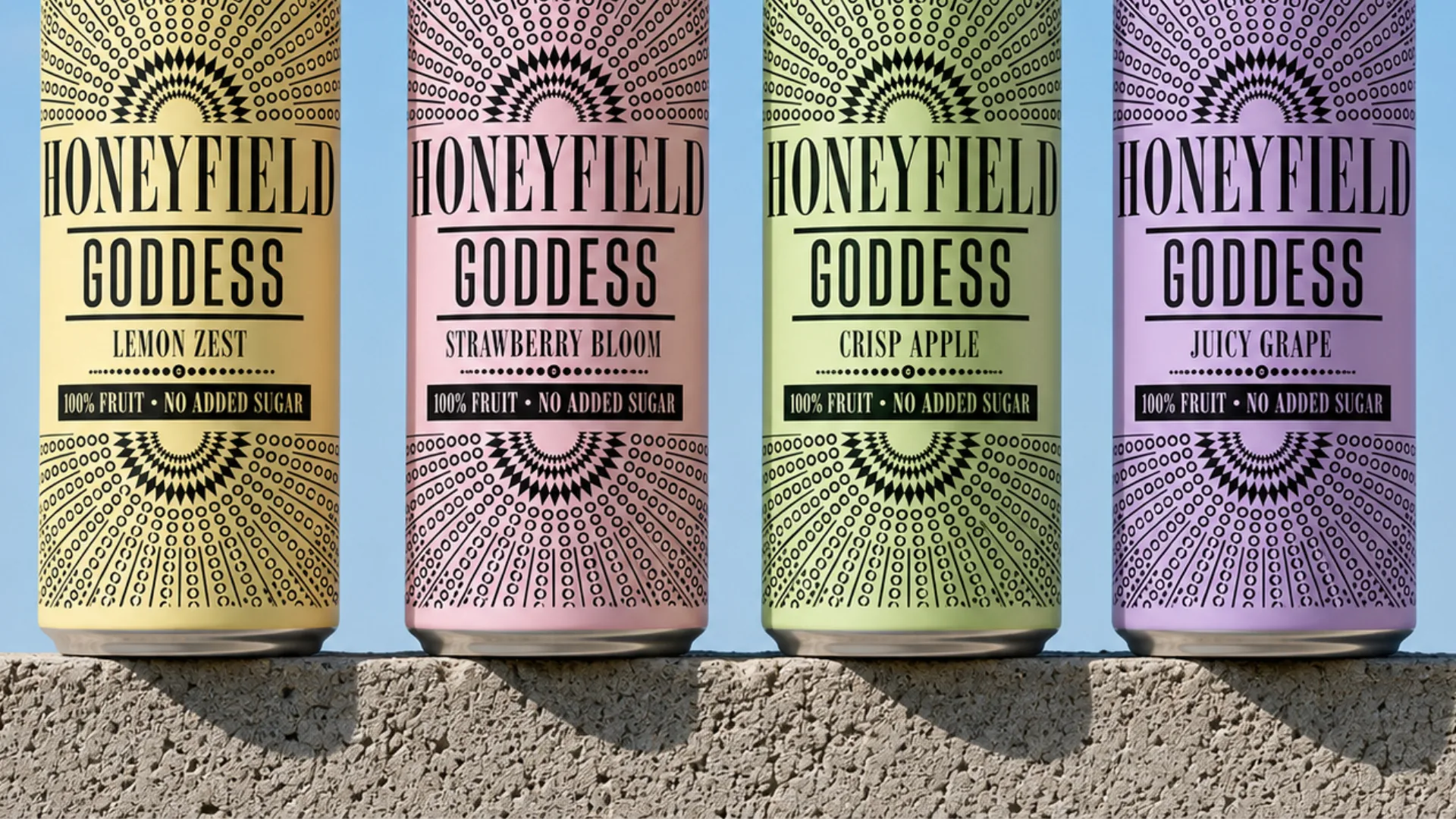 Honeyfield — packaging de hidromiel en lata con imaginario de aureolas y destellos divinos